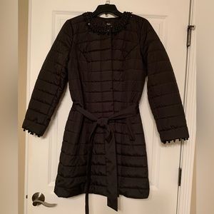 NWT Dennis Basso Coat Women Small Black Puffer Casual Thigh Length Tie Belt